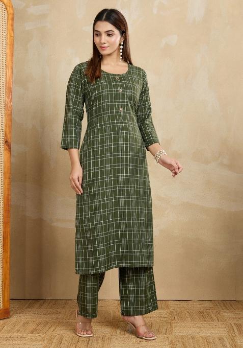 Green Printed Cotton Kurta Set