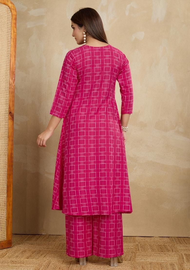 Pink Printed Cotton Kurta Set - Indya