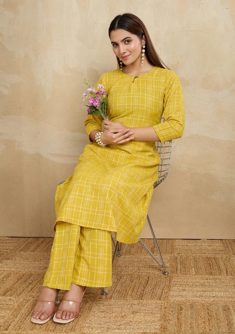 Yellow Printed Cotton Kurta Set - Indya