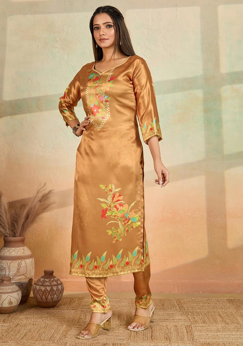 Mustard Printed Rayon Kurta Set - Indya
