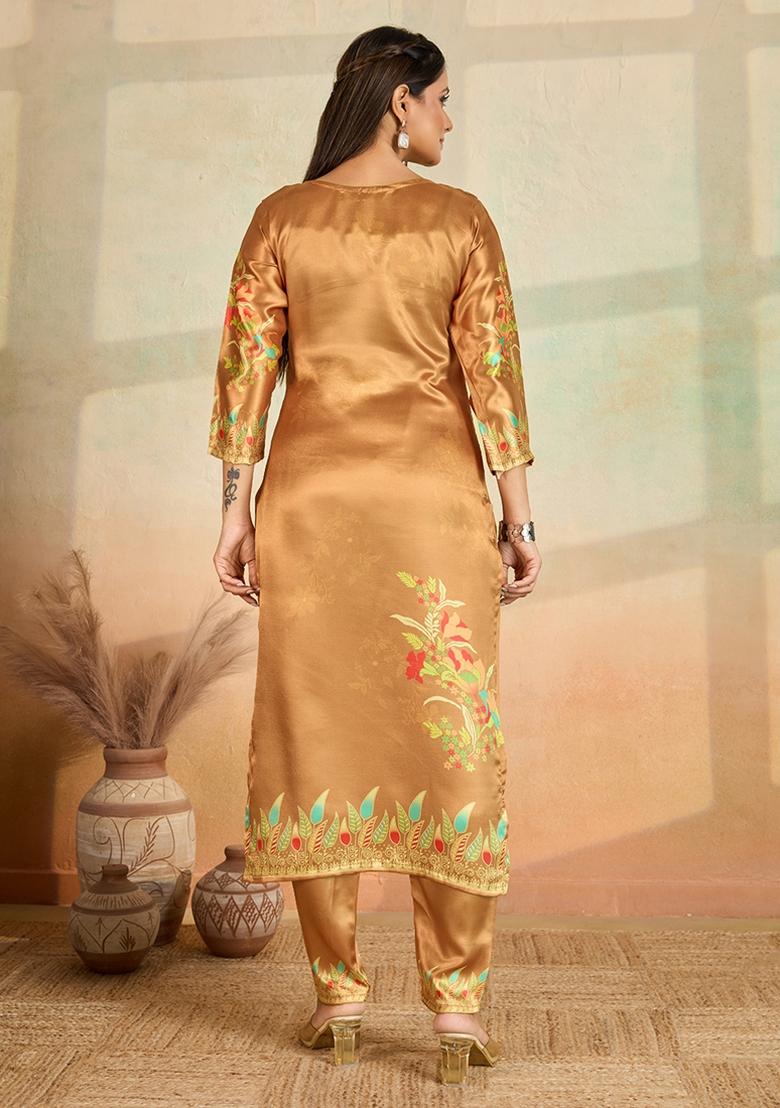 Mustard Printed Rayon Kurta Set - Indya