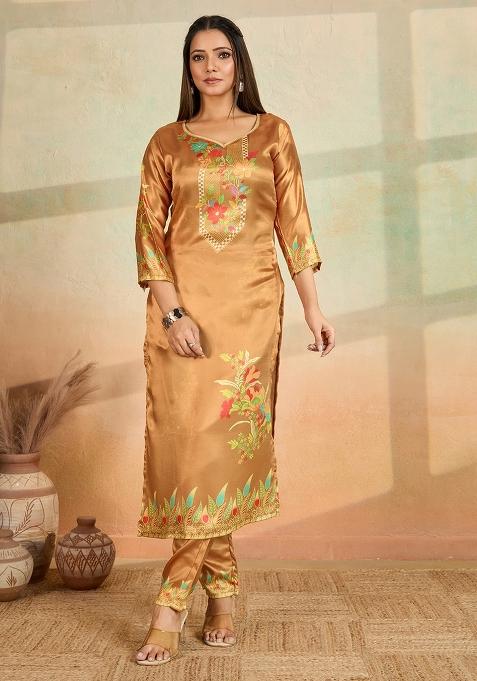 Mustard Printed Rayon Kurta Set