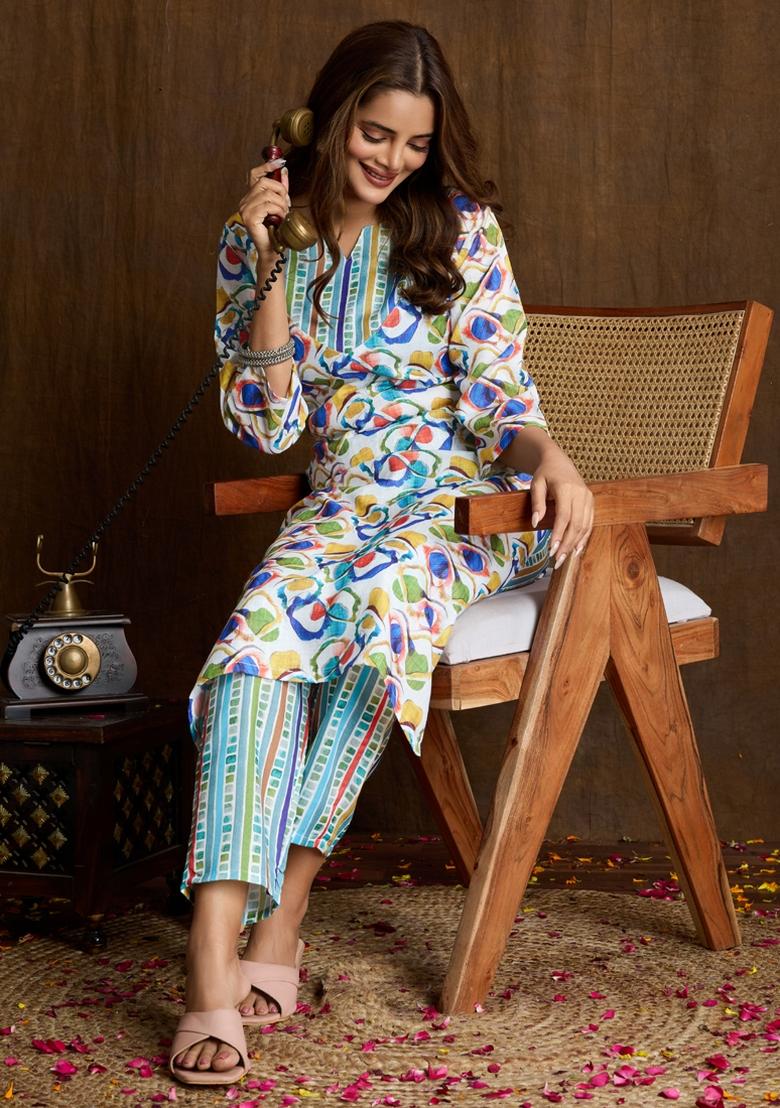 Multicolor Printed Cotton Kurta Set - Indya