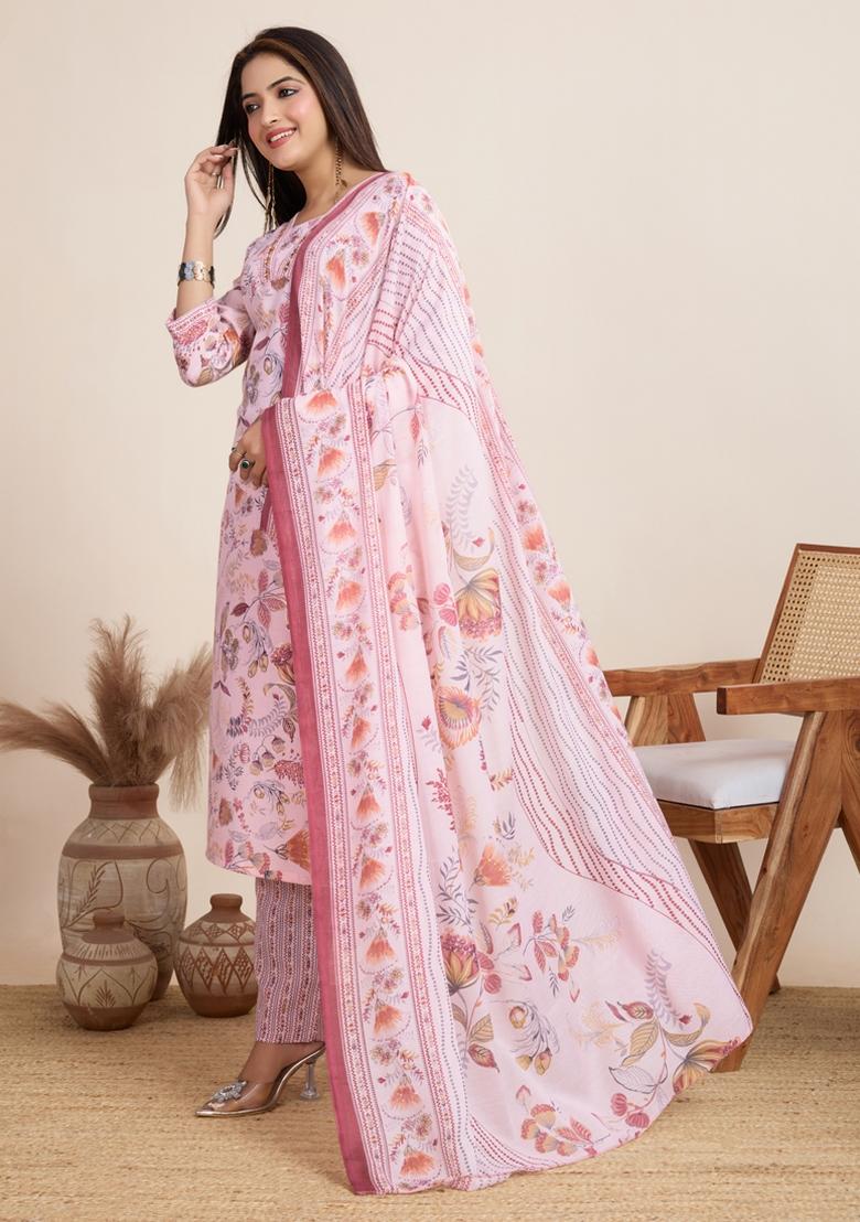 Baby Pink Printed Cotton Kurta Set - Indya