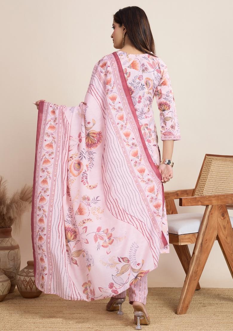 Baby Pink Printed Cotton Kurta Set - Indya
