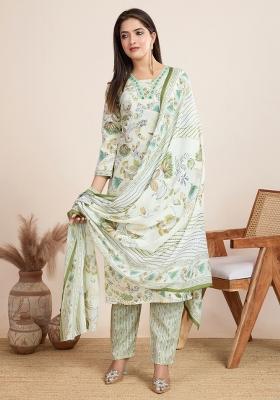 Off White Printed Cotton Kurta Set