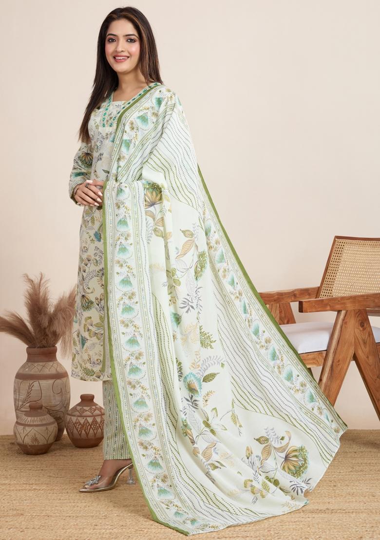 Off White Printed Cotton Kurta Set - Indya