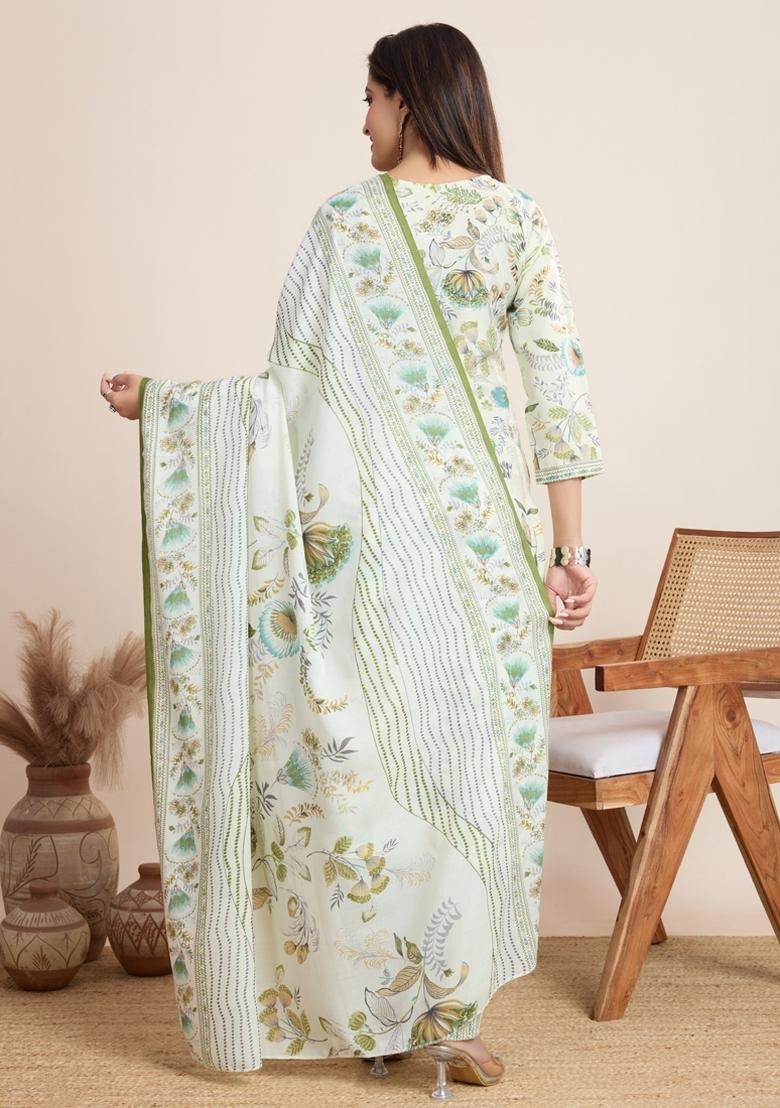 Off White Printed Cotton Kurta Set - Indya