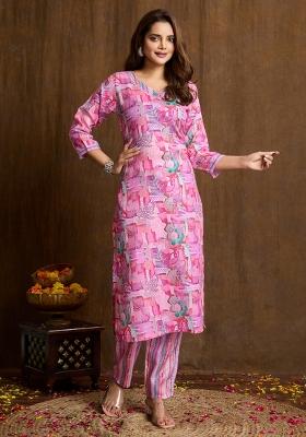 Light Pink Printed Cotton Kurta Set