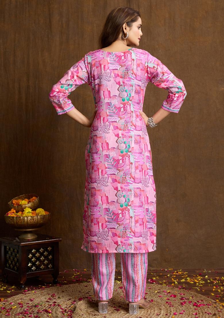 Light Pink Printed Cotton Kurta Set - Indya