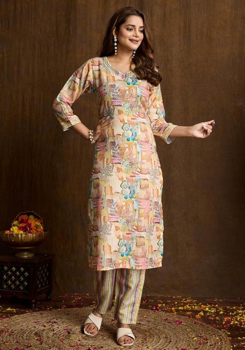 Cream Printed Cotton Kurta Set