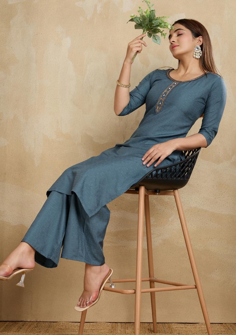 Grey Printed Cotton Kurta Set - Indya