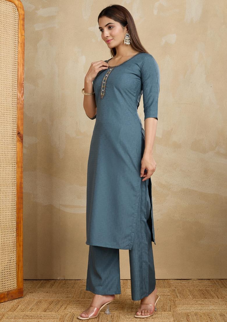 Grey Printed Cotton Kurta Set - Indya
