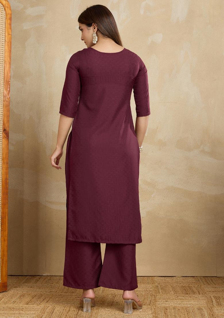 Maroon Printed Cotton Kurta Set - Indya