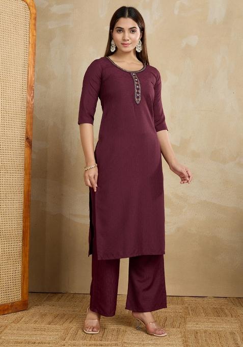 Maroon Printed Cotton Kurta Set