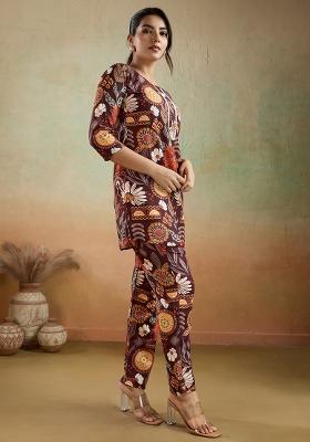 Brown Printed Rayon Kurta Set