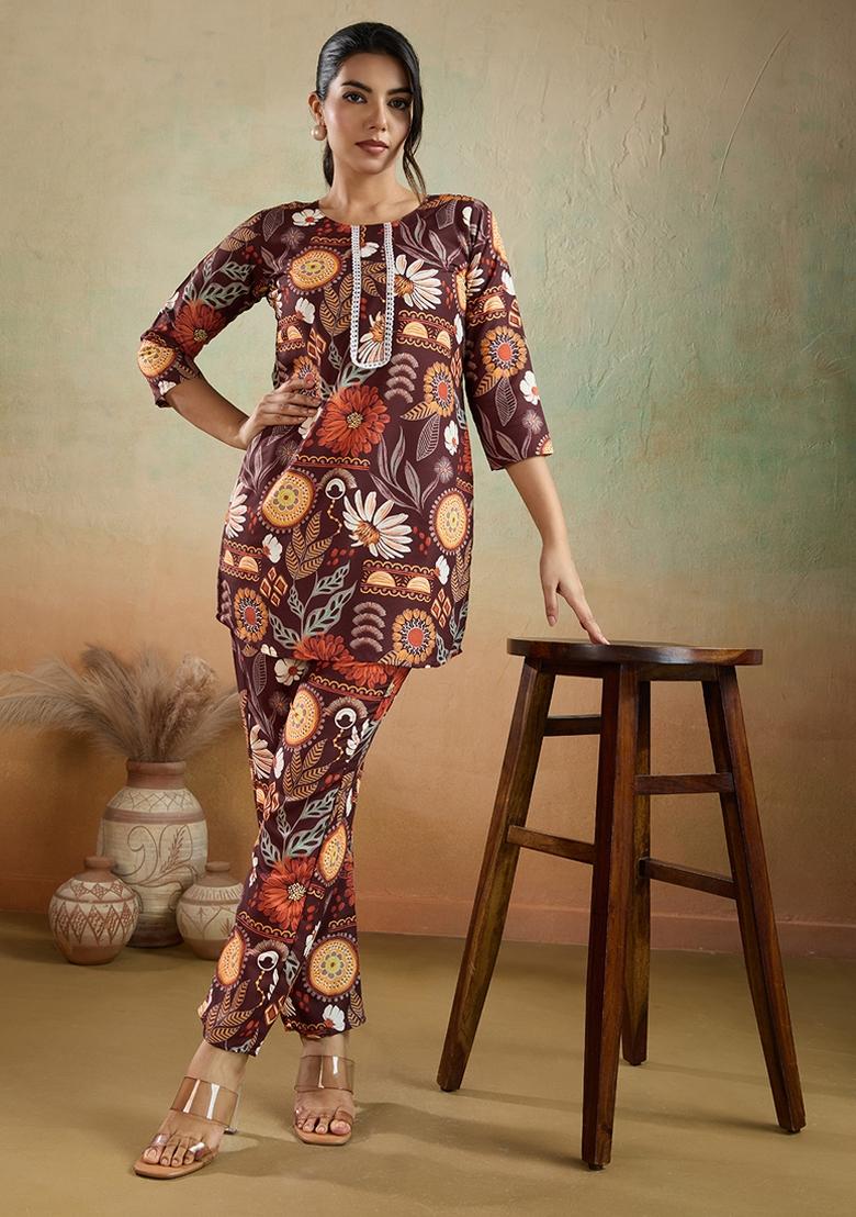 Brown Printed Rayon Kurta Set - Indya