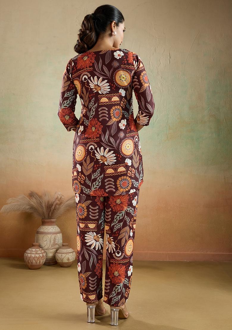 Brown Printed Rayon Kurta Set - Indya