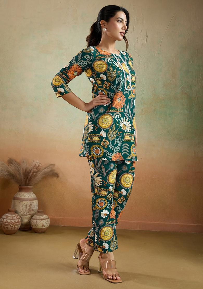 Green Printed Rayon Kurta Set - Indya