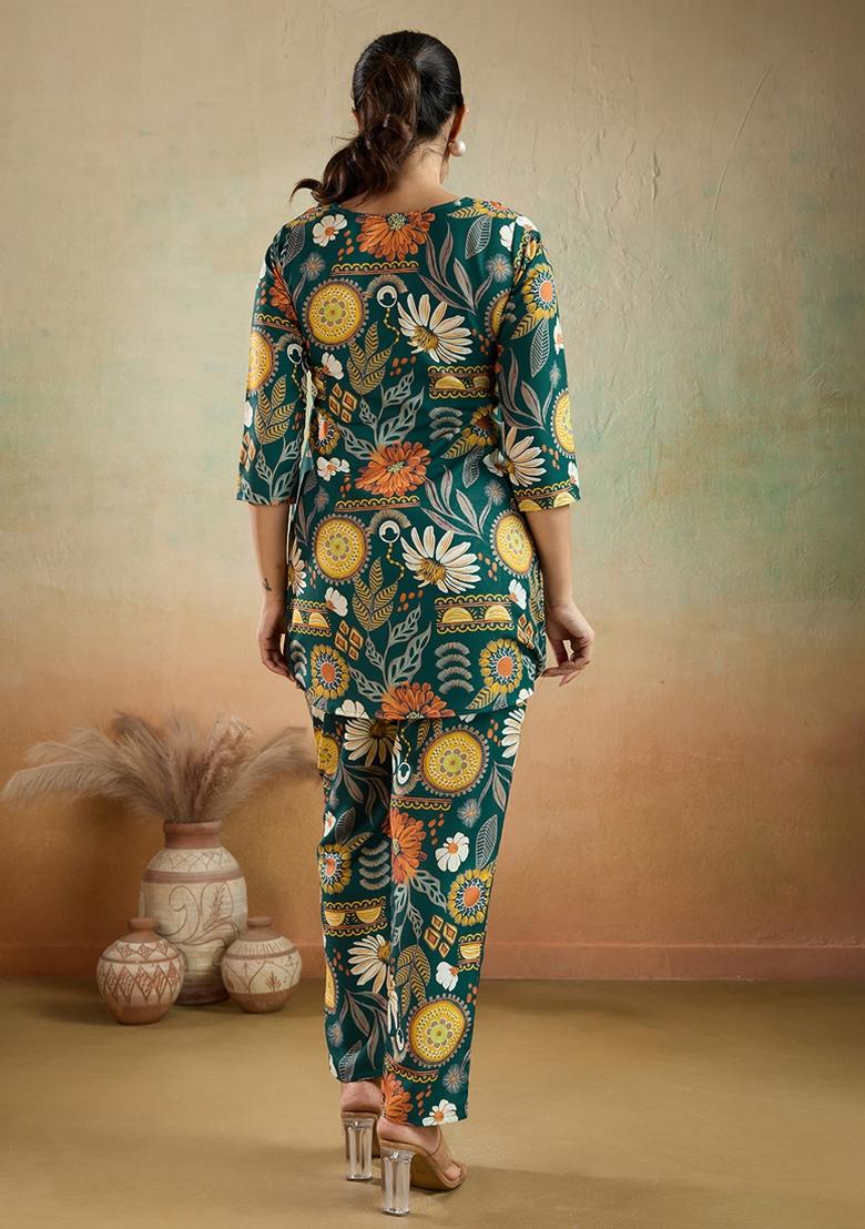 Green Printed Rayon Kurta Set - Indya