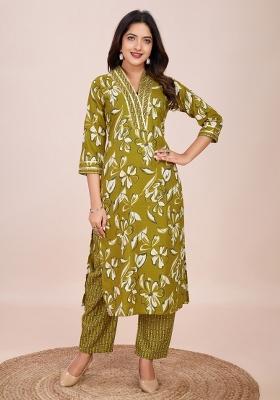 Mehendi Printed Cotton Kurta Set