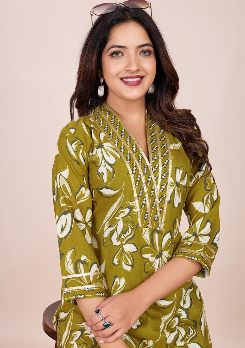 Mehendi Printed Cotton Kurta Set - Indya