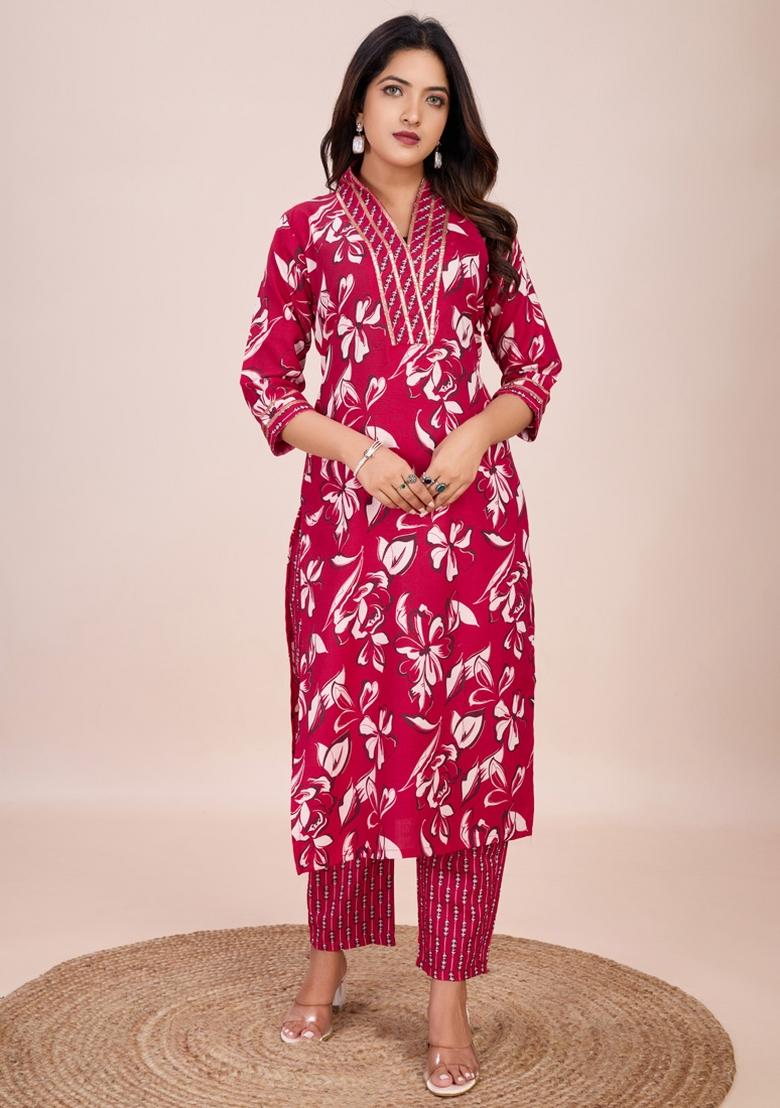 Pink Printed Cotton Kurta Set - Indya