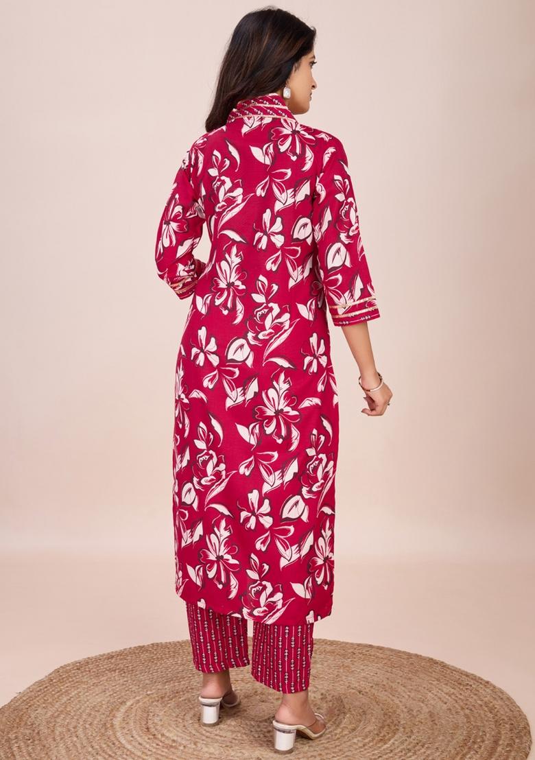 Pink Printed Cotton Kurta Set - Indya