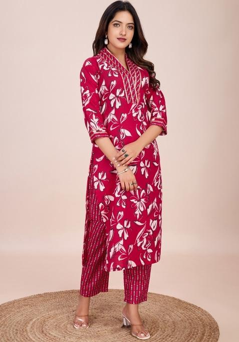 Pink Printed Cotton Kurta Set