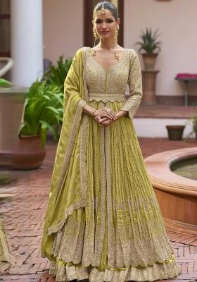 Yellow Embroidery Chinon Kurta Set