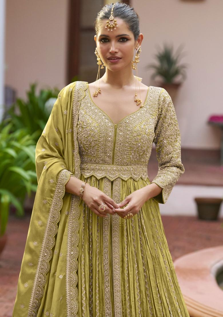 Yellow Embroidery Chinon Kurta Set - Indya