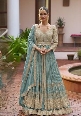 Blue Embroidery Chinon Kurta Set