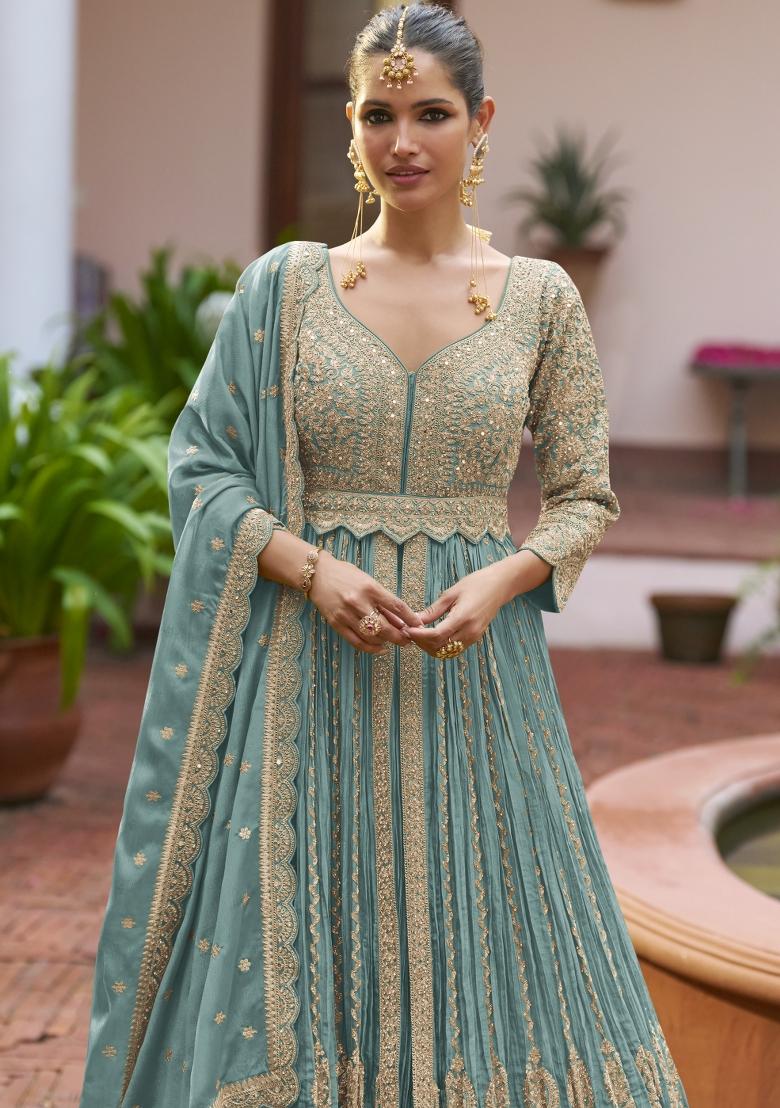 Blue Embroidery Chinon Kurta Set - Indya