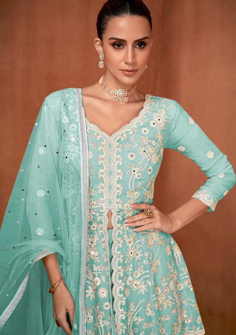 Blue Embroidery Georgette Kurta Set - Indya
