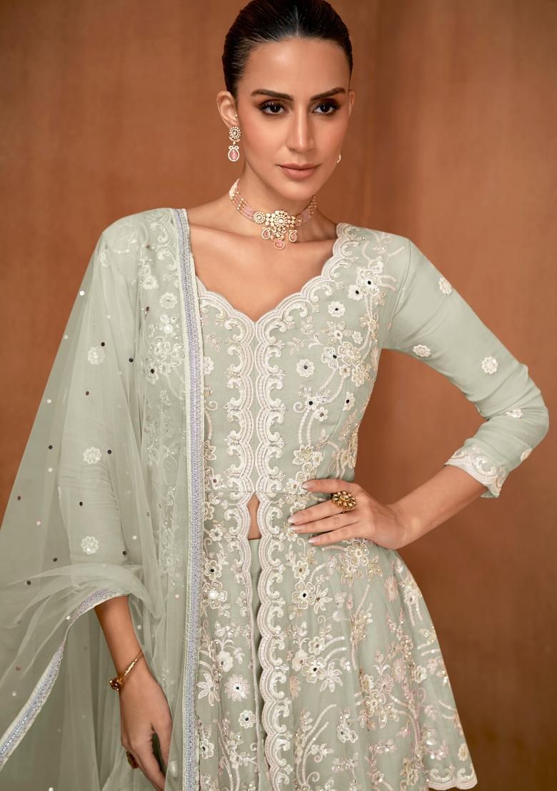 Sea Green Embroidery Georgette Kurta Set - Indya