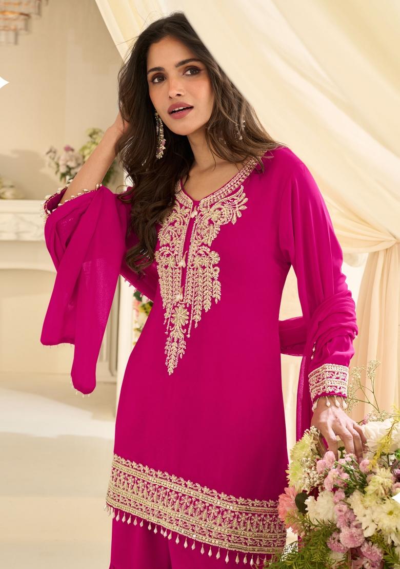 Rani Pink Embroidery Georgette Kurta Set - Indya