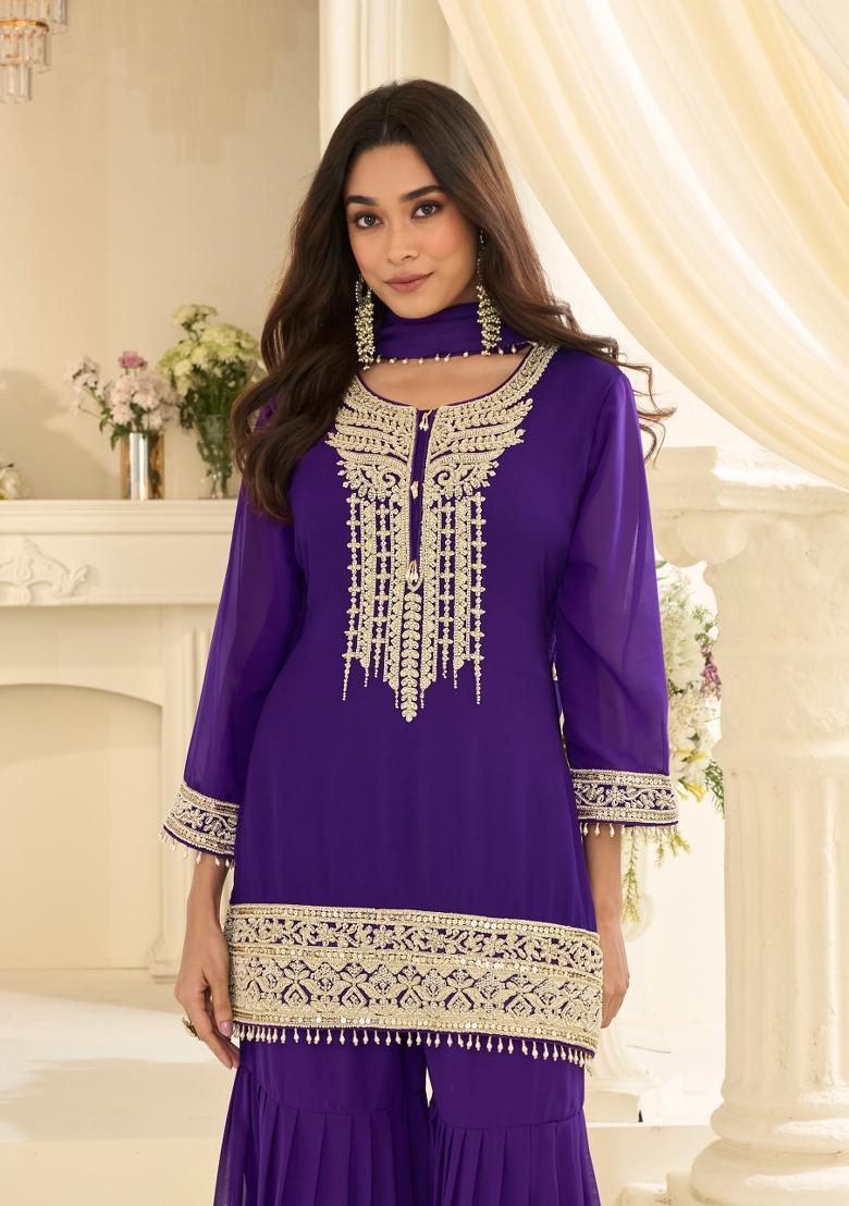 Purple Embroidery Georgette Kurta Set - Indya
