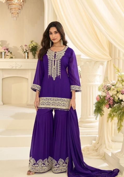 Purple Embroidery Georgette Kurta Set