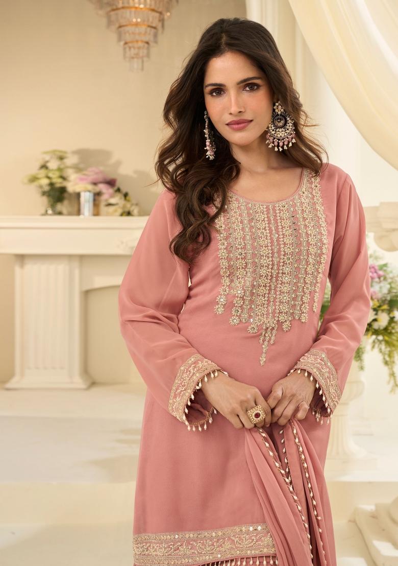 Rose Pink Embroidery Georgette Kurta Set - Indya
