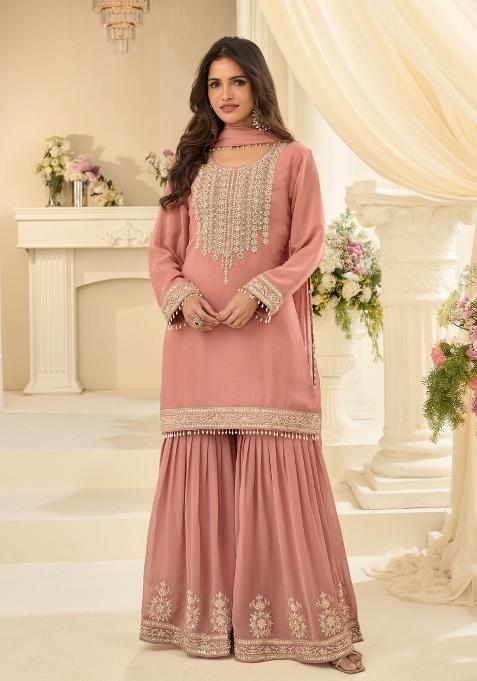 Rose Pink Embroidery Georgette Kurta Set