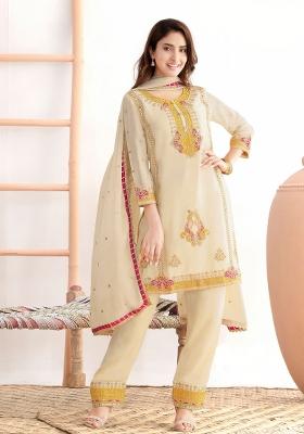 Beige Embroidery Chinon Kurta Set