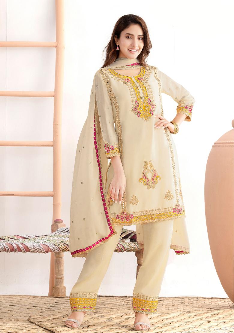 Beige Embroidery Chinon Kurta Set - Indya