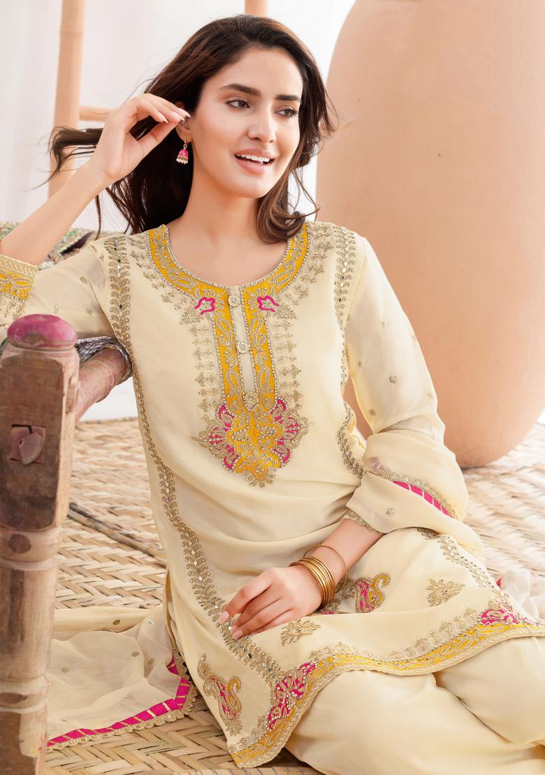 Beige Embroidery Chinon Kurta Set - Indya