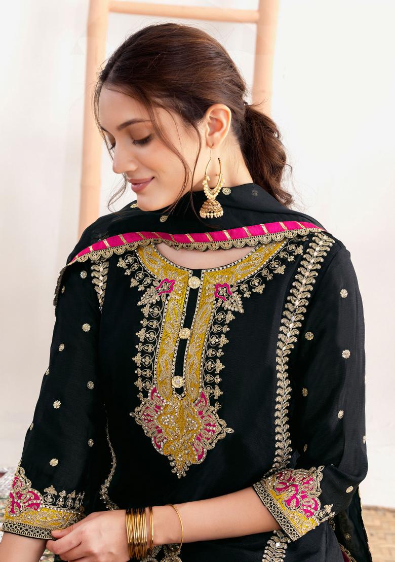 Black Embroidery Chinon Kurta Set - Indya