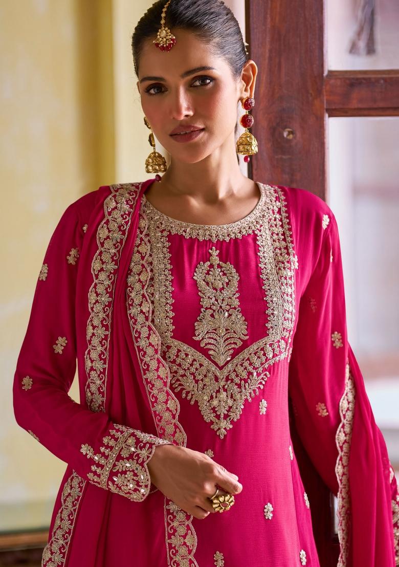 Rani Pink Embroidery Chinon Kurta Set - Indya