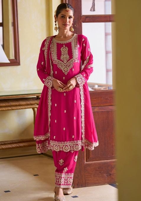 Rani Pink Embroidery Chinon Kurta Set