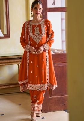 Orange Embroidery Chinon Kurta Set