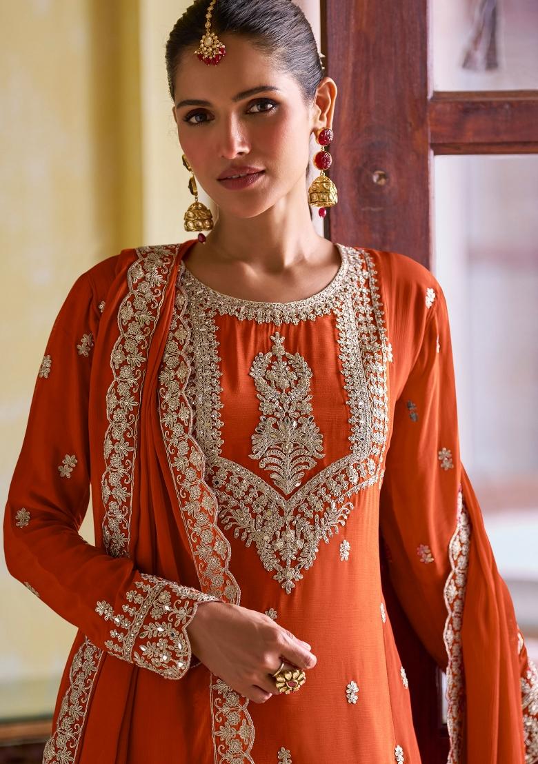 Orange Embroidery Chinon Kurta Set - Indya