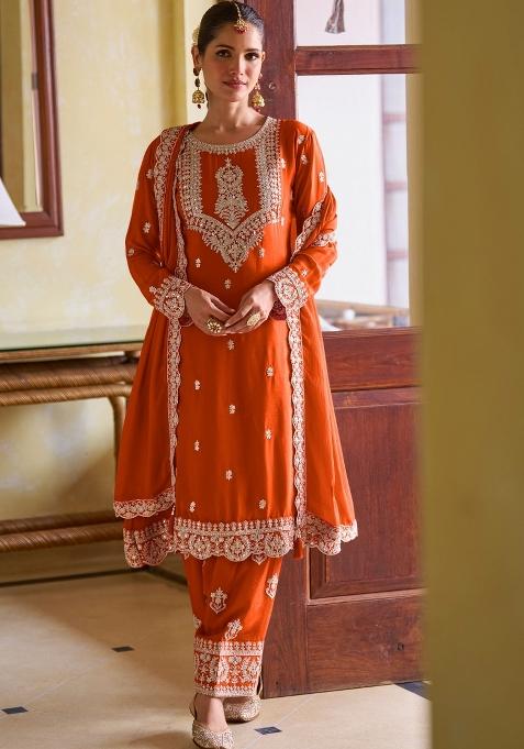 Orange Embroidery Chinon Kurta Set