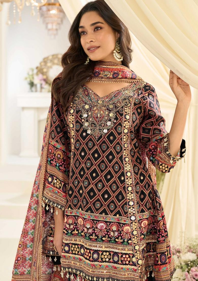 Black Embroidery Silk Kurta Set - Indya